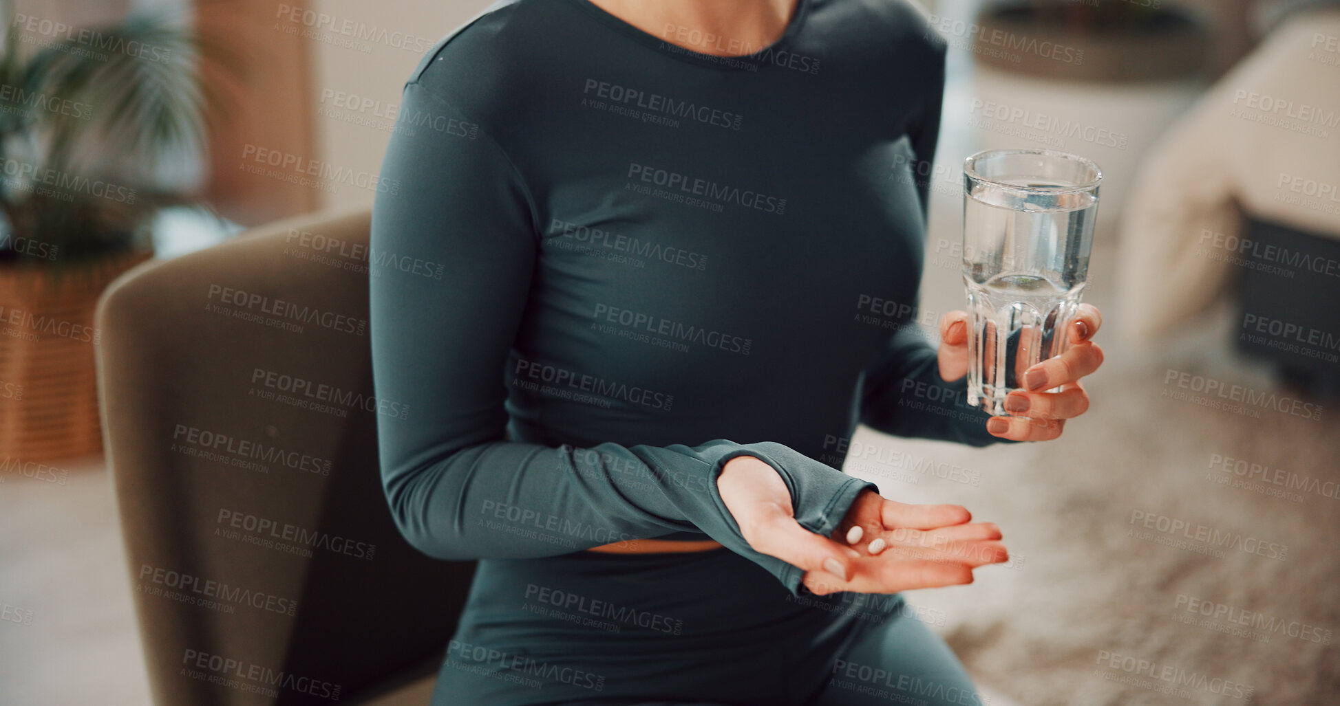 Buy stock photo Water, hands and woman with pills for fitness, health supplements and detox treatment in home. Drugs, medicine and person with weight loss tablets, medical product and vitamins for exercise recovery