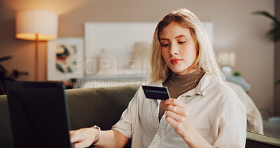 Buy stock photo Laptop, credit card and search with woman in home for online shopping, ecommerce discount and password. Digital banking account, budget and fintech with person in living room of house as customer