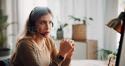 Buy stock photo Woman, remote work and headset with computer in home for customer service, crm and assistance. Female person, pc or reading script for technical support, helping client and representative for inquiry