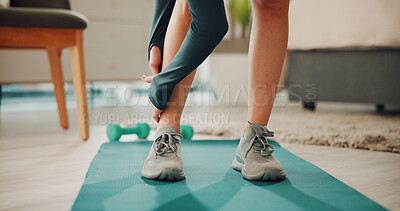 Buy stock photo Fitness, legs and stretching with woman in bedroom of home for start of training routine. Exercise, feet and warm up with person on mat in apartment, getting ready for wellness or workout session