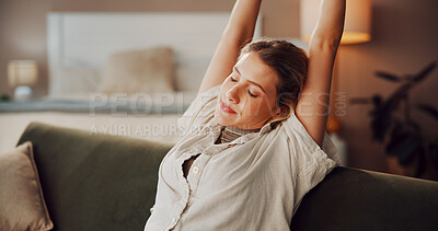 Buy stock photo Woman, stretching and rest on living room sofa for weekend break and breathe in home. Relax, tired and person ready on couch in house with peace, exhausted and chilling in lounge for self care