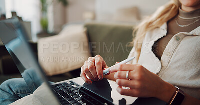 Buy stock photo Research, laptop and hands of woman in home office for planning, article editor and freelancer. Remote worker, online publishing and story fact check with person and tech in apartment for update