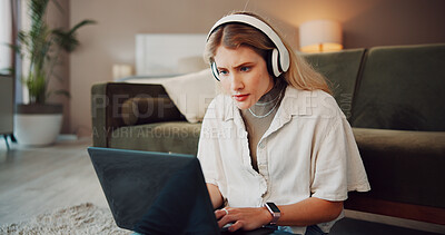Buy stock photo Laptop, remote work or woman with headphone in house, reading resume or screening online for hiring. Recruiting, streaming music or talent scout review cv for candidate selection, tech or post job ad