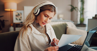 Buy stock photo Laptop, document or woman with headphones for remote work, reading resume or screening applicant to hire. Recruiting, music listening or talent scout review cv for candidate selection, tech or home