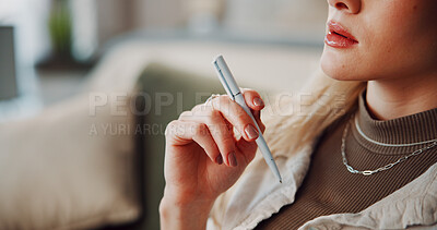 Buy stock photo Thinking, pen and hands of woman in home for reflection, problem solving and memory. Vision, perspective and brainstorming with person in living room of apartment for mindset, idea and inspiration
