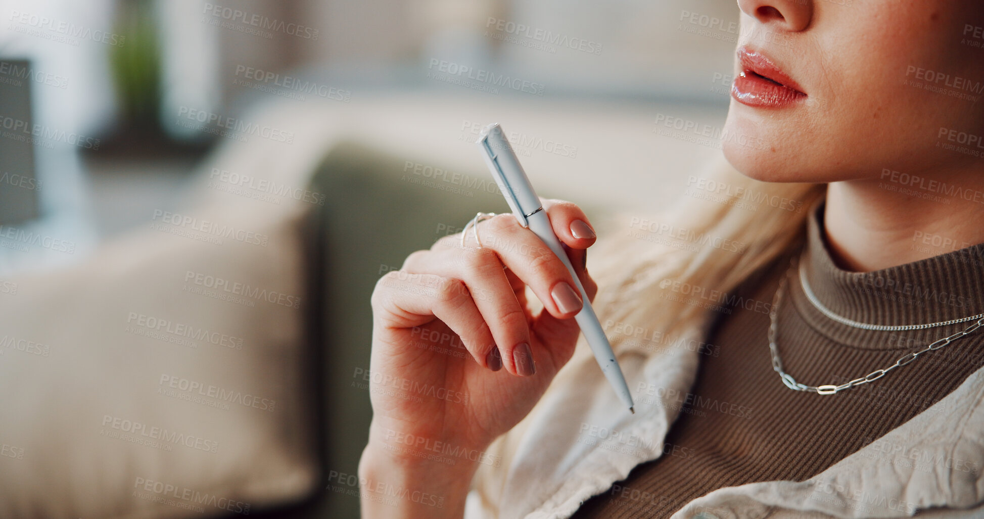 Buy stock photo Thinking, pen and hands of woman in home for reflection, problem solving and memory. Vision, perspective and brainstorming with person in living room of apartment for mindset, idea and inspiration