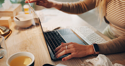 Buy stock photo Remote work, laptop and hands of woman in home office for planning, article editor and research. Freelancer, online publishing and story fact check with person and tech in apartment for update