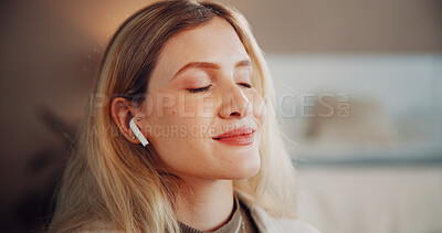 Buy stock photo Woman, earphones and music with smile in home, eyes closed and inspiration with audio in lounge. Person, happy and listen with streaming subscription, relax and sound in living room at apartment