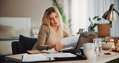 Buy stock photo Woman, laptop and bored with paperwork in home for project deadline, burnout or issue. Tired, female person and remote work with document and technology for pressure, strain or overworked mistake