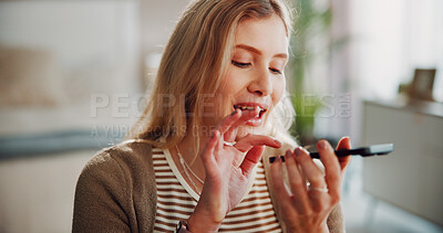 Buy stock photo Speaker, conversation or woman in bedroom with phone call, discussion or voice chat on dating site. Digital, space or girl in house with tech, loudspeaker or connection on matchmaking platform.