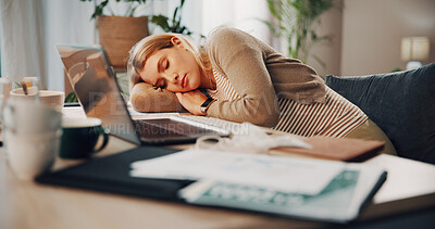 Buy stock photo Woman, laptop and nap with paperwork in home for project deadline, burnout or issue. Tired, female person and remote work with document and technology for pressure, strain or overworked sleep