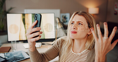 Buy stock photo Home, woman and frustrated with phone for scam, cybercrime or fake website. Female person, computer and confused with remote work, internet issue or online fraud or hacking of social media profile