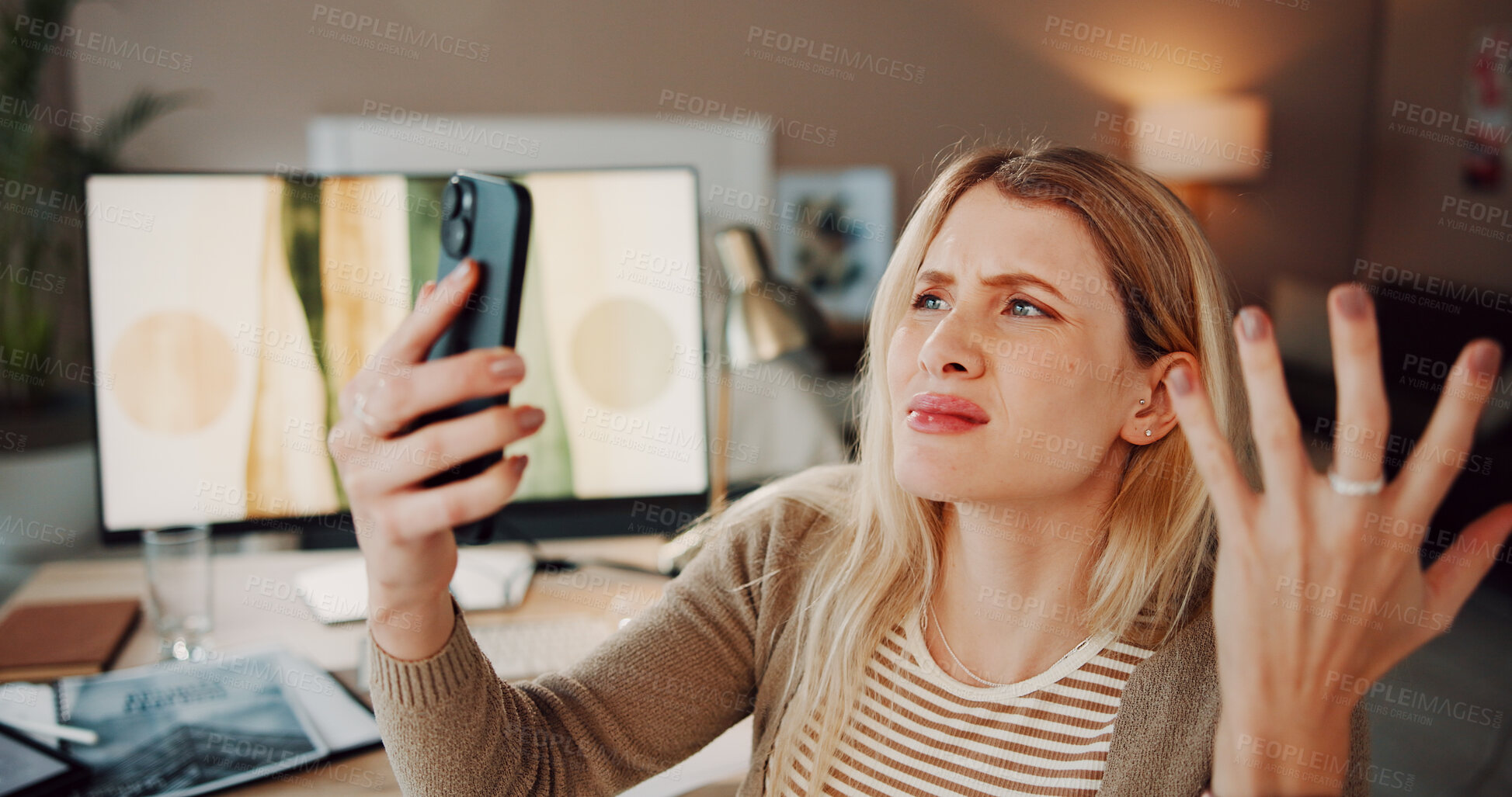 Buy stock photo Home, woman and frustrated with phone for scam, cybercrime or fake website. Female person, computer and confused with remote work, internet issue or online fraud or hacking of social media profile