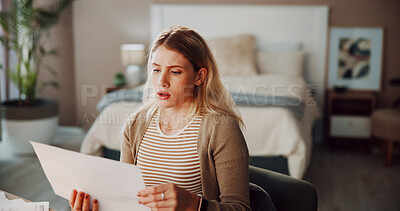 Buy stock photo Finance, woman and stress with paperwork in bedroom for debt invoice, financial crisis or inflation. Home, person and worry with report for household expenses, missed payment and overwhelmed by bills