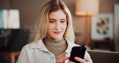 Buy stock photo Phone, happy and woman in home for communication, email or networking on mobile app in living room. Smile, technology and female person with cellphone for social media, texting or online in apartment