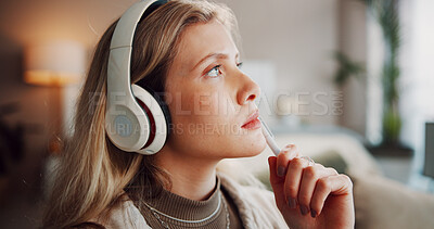Buy stock photo Student, headphones and thinking with woman in home for assignment research, problem solving and study. College assessment, brainstorming and idea with person and vision in living room of apartment