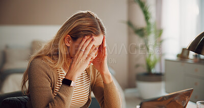 Buy stock photo Woman, laptop or headache with stress in home frustrated for project deadline or overworked. Tired, female person and remote work with migraine on tech for creative pressure, strain or mistake