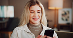 Phone, smile and woman in home for communication, email or networking on mobile app in living room. Happy, technology and female person with cellphone for social media, texting or online in apartment