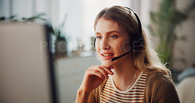 Buy stock photo Smile, woman and headset with computer in home for customer service, crm and assistance. Female person, remote work and pc for technical support, helping client and representative for sales inquiry