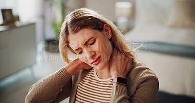 Buy stock photo Neck pain, fatigue or woman in house with massage, burnout or joint inflammation in muscle injury. Tendinitis, bad posture or person in home with discomfort, stiffness or strain in cervical sprain