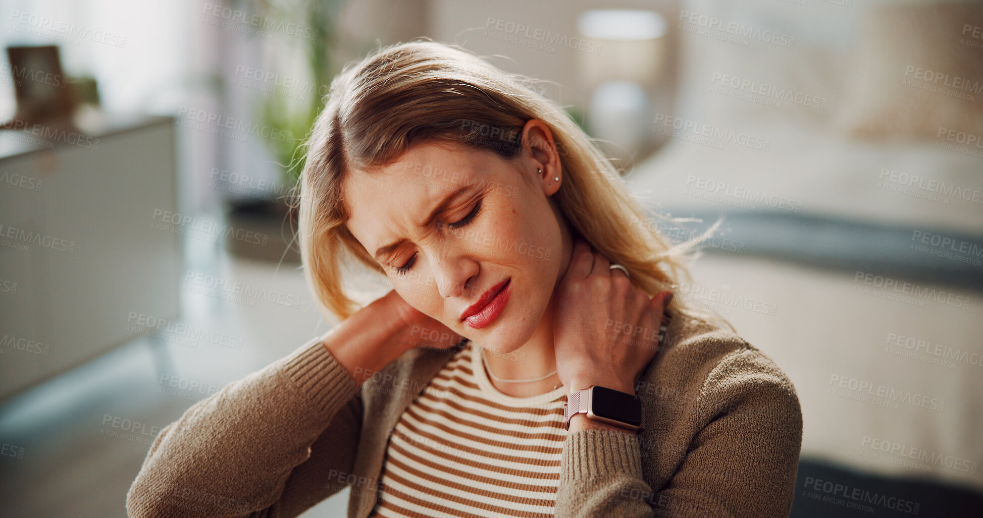 Buy stock photo Neck pain, fatigue or woman in house with massage, burnout or joint inflammation in muscle injury. Tendinitis, bad posture or person in home with discomfort, stiffness or strain in cervical sprain