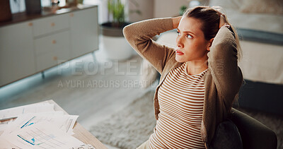 Buy stock photo Woman, paperwork and frustrated for anxiety in home for project deadline, burnout or issue. Stress, female person and remote work with headache and document for pressure, strain or overworked mistake
