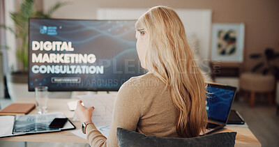 Buy stock photo Computer screen, reading or woman with paper in home office, marketing info or campaign performance chart. Review, tech or brand manager with document for project progress check, remote work or back