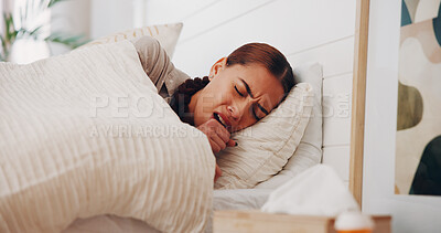 Buy stock photo Sick, fever and woman with cough in bed from flu recovery, viral infection and lung disease. Health crisis, person and influenza in house with sore throat, tuberculosis and postnasal drip in bedroom