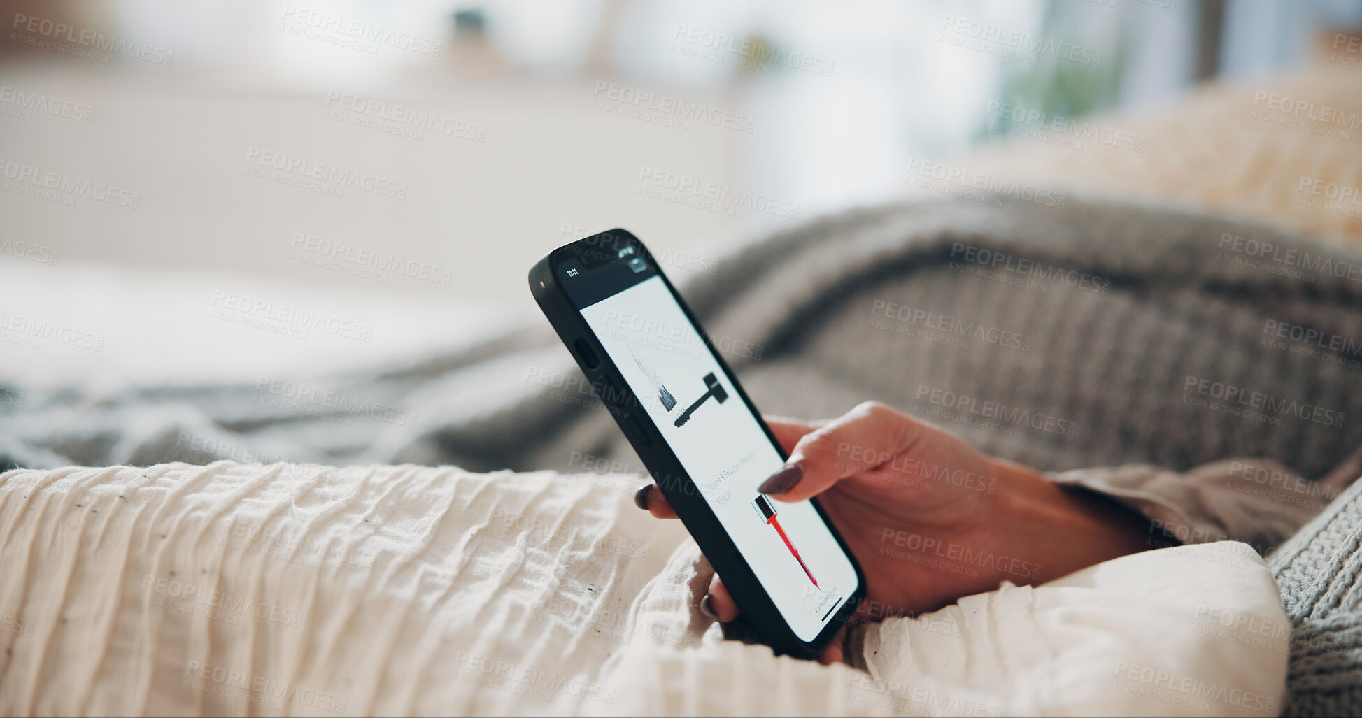 Buy stock photo Hands, woman and relax with phone screen at house for makeup, ecommerce and browsing website. Person, scroll and mobile for cosmetics search, online shopping and product selection with beauty catalog