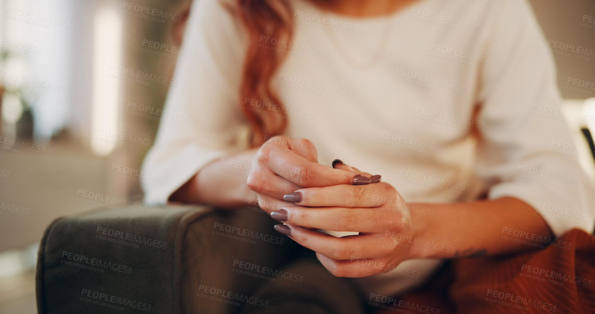 Buy stock photo Nervous, person and hands on couch with counseling appointment for advice, support and assistance. Psychology, patient and woman with anxiety on sofa for therapy consultation, help and self soothing.