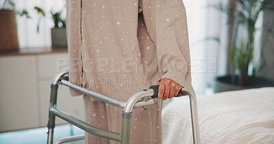 Buy stock photo Home, hands and woman in bedroom, walker and healing for surgery recovery, mobility or healthcare. Medical stroller, assistance and person with disability and orthopedic support for back operation