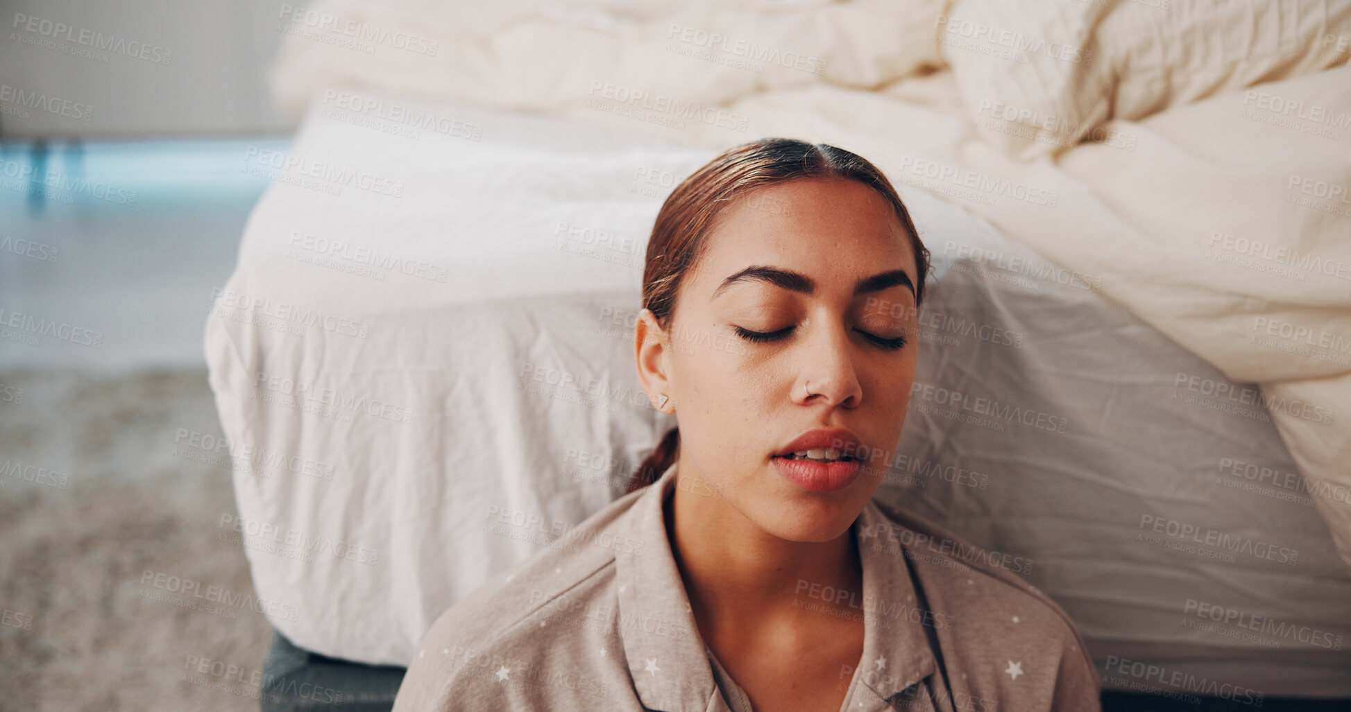 Buy stock photo Enough, stress and tired with woman in bedroom of home for burnout, fatigue or mental health. Anxiety, fail or mistake and exhausted person with depression in apartment for symptoms of worry