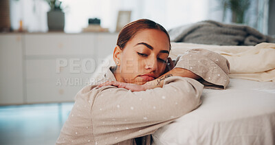 Buy stock photo Woman, stress and depression by bed, thinking or reflection with mental health, frustrated or worry in home. Person, sleep disorder and anxiety with ptsd, sad memory or wake up with regret at house