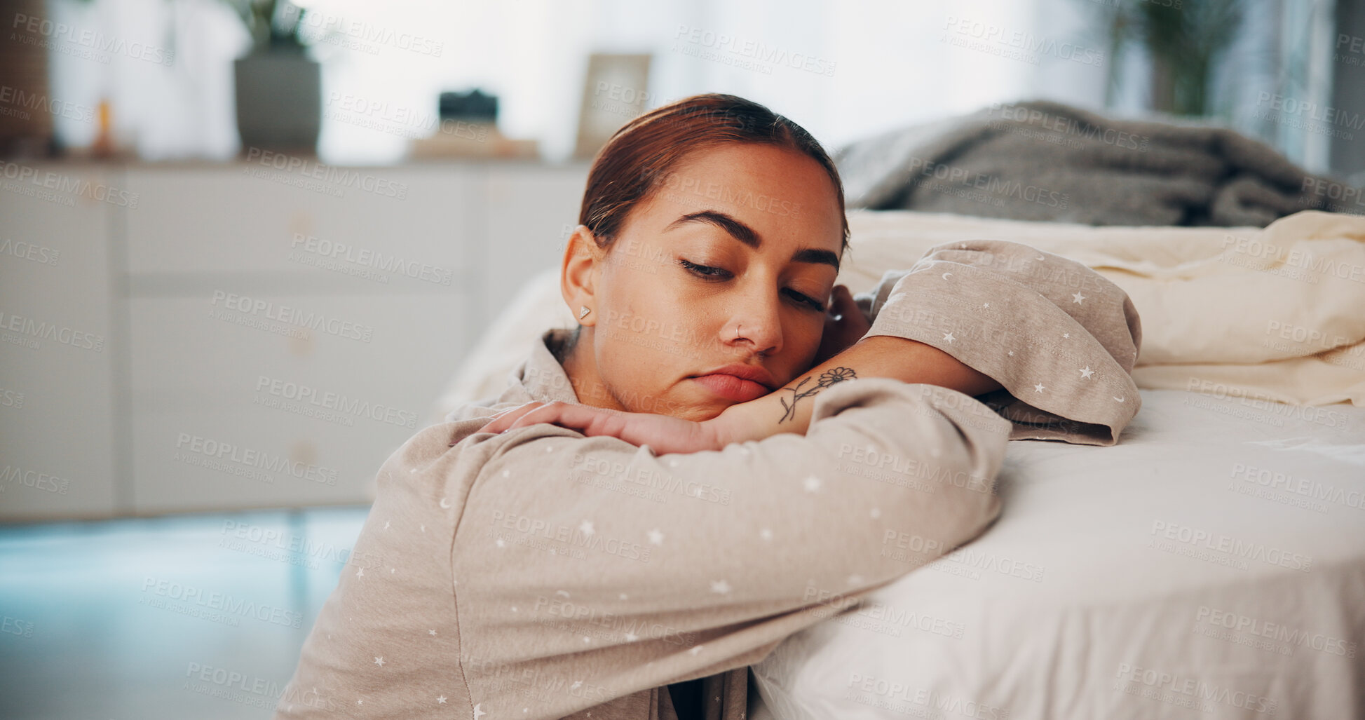 Buy stock photo Woman, stress and depression by bed, thinking or reflection with mental health, frustrated or worry in home. Person, sleep disorder and anxiety with ptsd, sad memory or wake up with regret at house