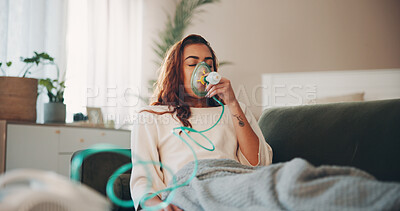 Buy stock photo Asthma, sofa and woman with nebulizer mask to inhale medicine, respiratory disease and health support. Chronic condition, breath recovery and person with medical machine for lungs, wellness and home