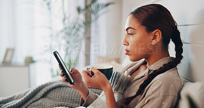 Buy stock photo Phone, coffee and reading of woman in bedroom for social media, streaming service and comment update. Connection, online chat forum and post with person and drink in home for communication and app