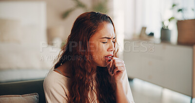 Buy stock photo Health, woman and sick with cough on sofa for viral infection, postnasal drip and irritation. Medical condition, person and sneeze in home with influenza symptoms, respiratory illness or lung virus