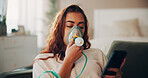Asthma, phone or woman with nebulizer mask to inhale medicine, respiratory disease or reading chat. Chronic condition, breathe recovery or person with mobile app for social media, lung health or home