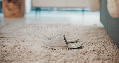 Buy stock photo Floor, slippers and carpet in empty bedroom, morning and break for comfort, relax or pyjamas in hotel. Furniture, interior and shoes for rest, leisure and cozy footwear on rug at luxury accommodation
