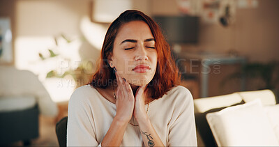 Buy stock photo Sick, pain and woman with sore throat on sofa for flu symptoms, viral infection and discomfort. Health, person and influenza in home with difficulty swallowing, virus inflammation and swollen gland