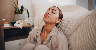 Buy stock photo Woman, sick and stress on floor in bedroom with eyes closed, recovery and illness with flu virus at apartment. Person, tired and exhausted with burnout, frustrated or rest for fatigue at house