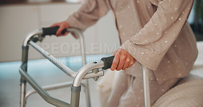 Buy stock photo Hands, walker and woman with disability in bedroom for support, mobility aid and surgery recovery. Closeup, female person or medical stroller for walking assistance, injury and rehabilitation in home