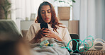 Nebulizer, reading or woman with phone on couch, medical info or instructions for breathing machine. Learn, asthma self care or person with tech for internet search, digital guide or process in home