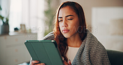 Buy stock photo Confused, tablet and reading of woman in bedroom for social media glitch, streaming error and update. Connection, online chat mistake and post with person and tech in home for communication and app