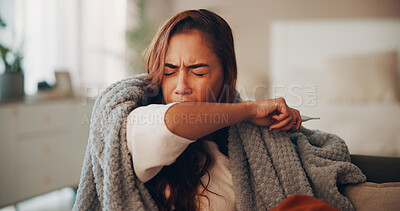 Buy stock photo Fever, sick woman and cough with blanket on sofa for viral infection, health recovery and bacteria. Thermometer, girl and sneeze in home with influenza symptoms, respiratory illness or lung condition