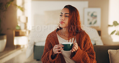 Buy stock photo Home, thinking and woman in lounge, coffee and morning with wonder, thoughtful and ideas. Apartment, herbal tea and person with break, contemplation and daydreaming with choice, peace and calm