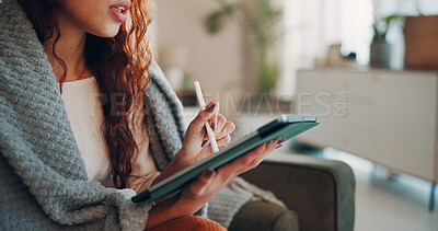 Buy stock photo Stylus, tablet and hands of woman on sofa for social media, streaming service and comment update. Connection, online chat forum and post with person and tech in home for communication and app
