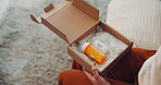 Box, medicine and online order with person in home from above for cure, remedy or treatment. Container, package and paracetamol with woman in apartment for ecommerce shopping of pills or tablets