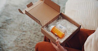 Buy stock photo Box, medicine and online order with person in home from above for cure, remedy or treatment. Container, package and paracetamol with woman in apartment for ecommerce shopping of pills or tablets