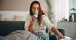 Asthma, couch and woman with nebulizer mask to inhale medicine, respiratory disease and health support. Chronic condition breathe recovery and person with medical machine for lungs, wellness and home
